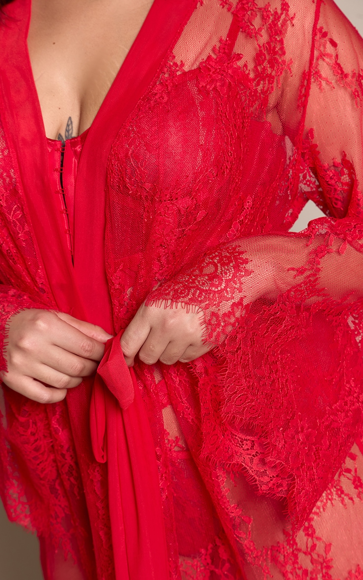 Plus Red Eyelash Flute Sleeve Maxi Lace Robe image 4