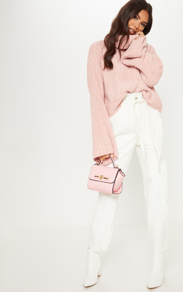 Pink Chenille Cropped High Neck Knitted Sweater image 1