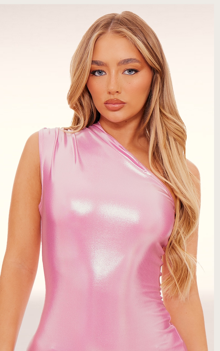 Pink Metallic Slinky One Shoulder Bodycon Dress image 4