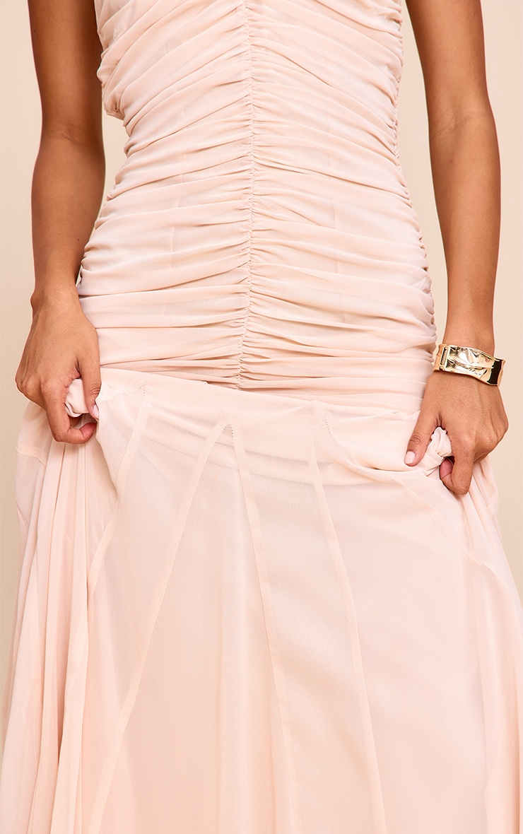 Cream Chiffon Halterneck Ruched Dropped Waist Maxi Dress image 4