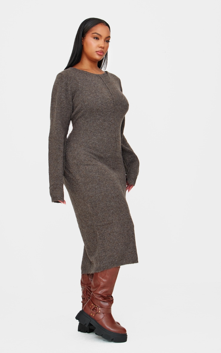 Plus Chocolate Knitted Seam Front Midaxi Dress image 3
