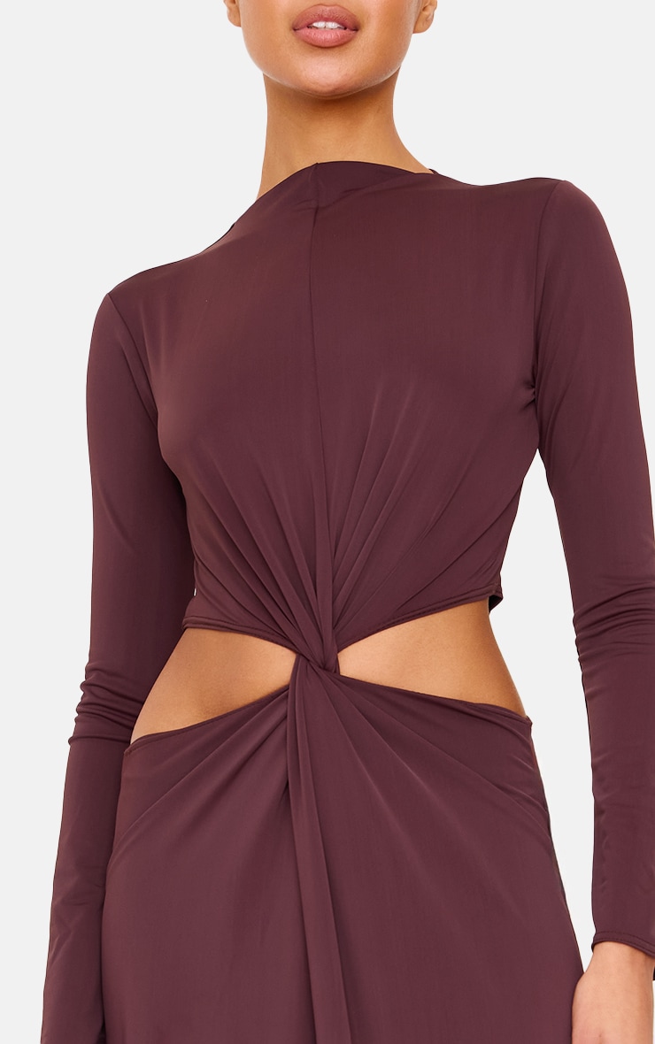 Chocolate Matte Sculpt Cut Out Twist Long Sleeve Maxi Dress image 4