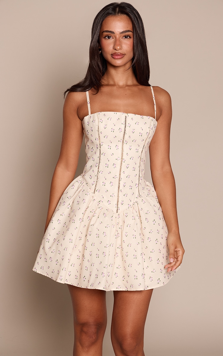 Petite Butter Yellow Floral Square Neck Dropped Waist Shift Mini Dress image 1