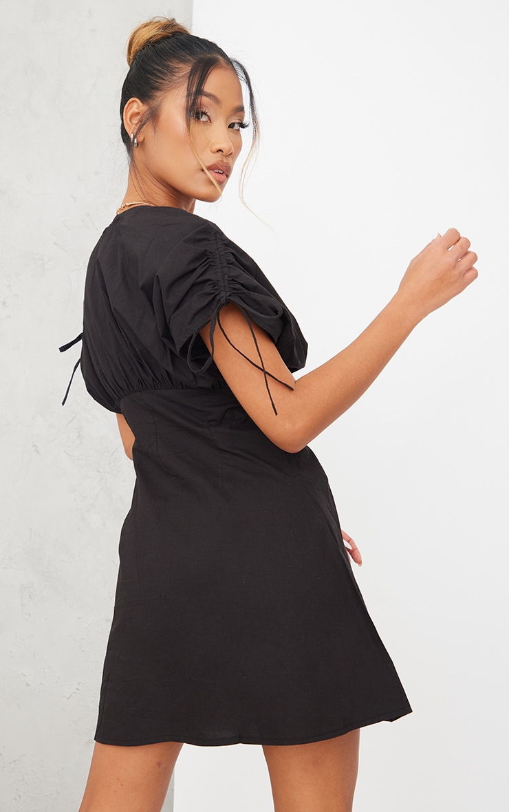 Black Linen Ruched Puff Sleeve Shift Dress image 2