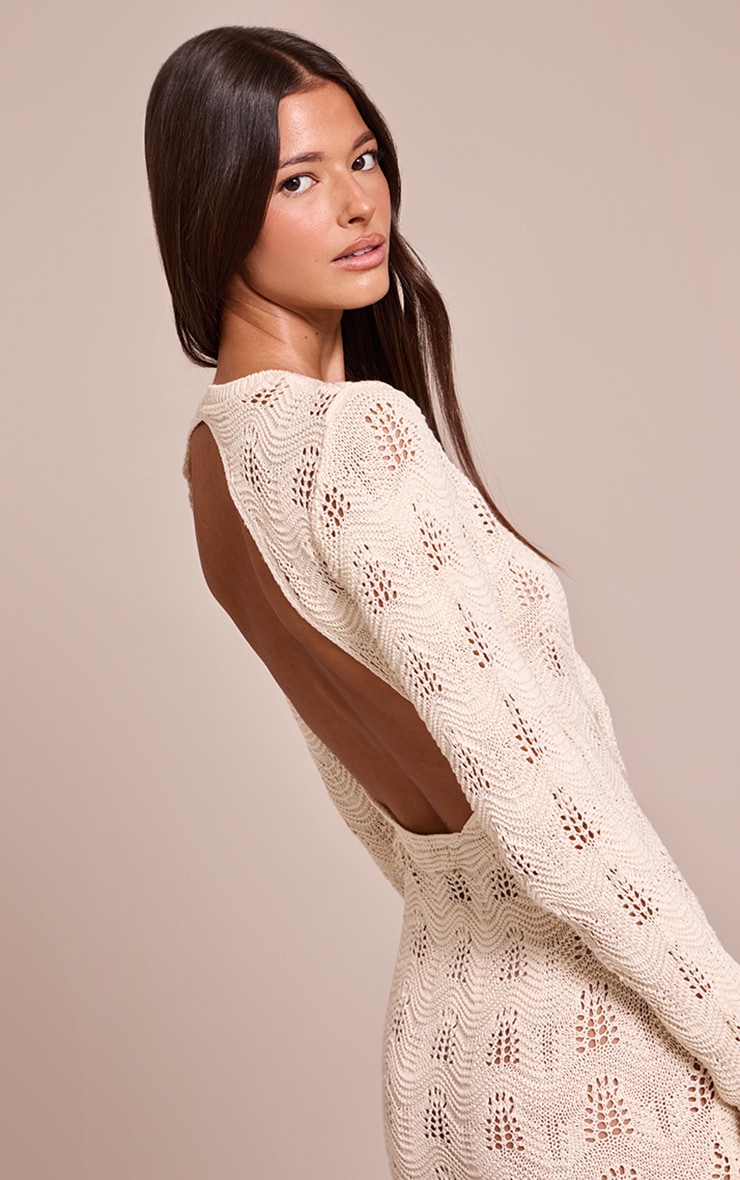 Cream Long Sleeve Backless Knitted Maxi Dress image 4