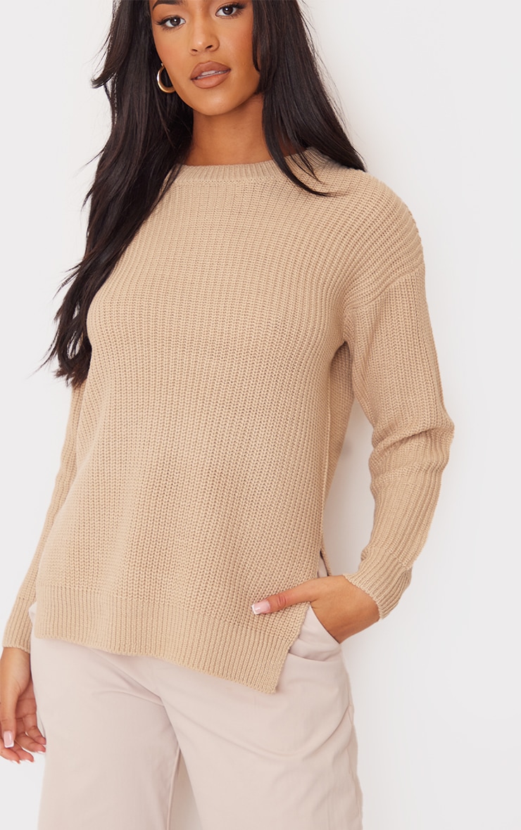 Tall Oatmeal Round Neck Side Split Knit Sweater image 4