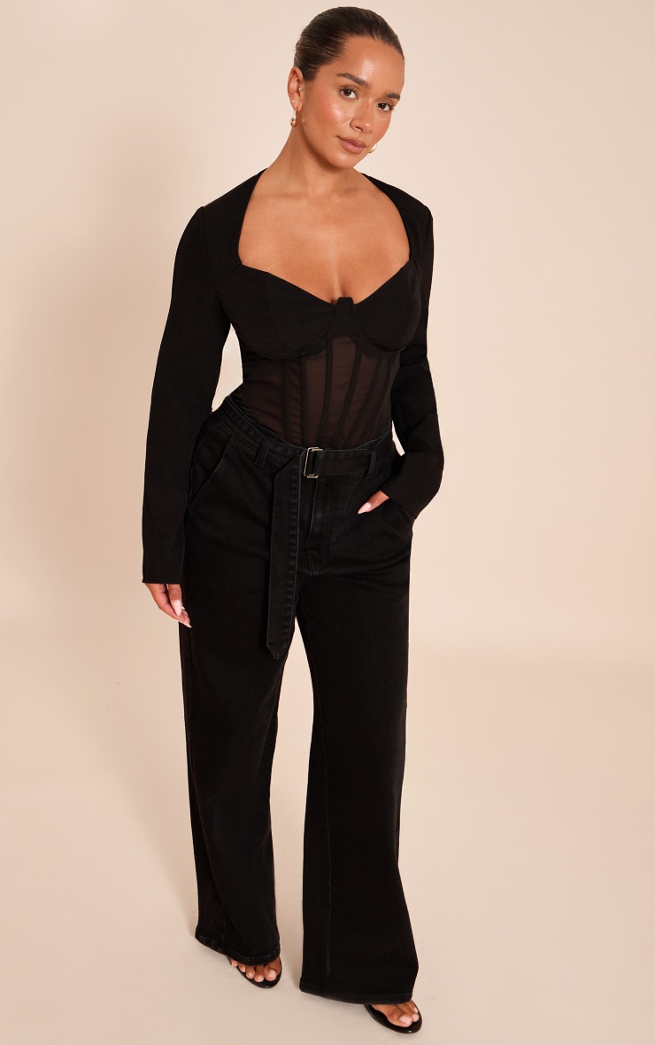 Shape Black Mesh Long Sleeve Corset Bodysuit image 3