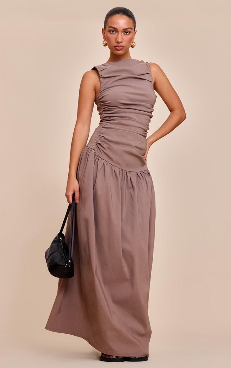 Robe longue tissée stretch taupe froncée à taille tombante image 1