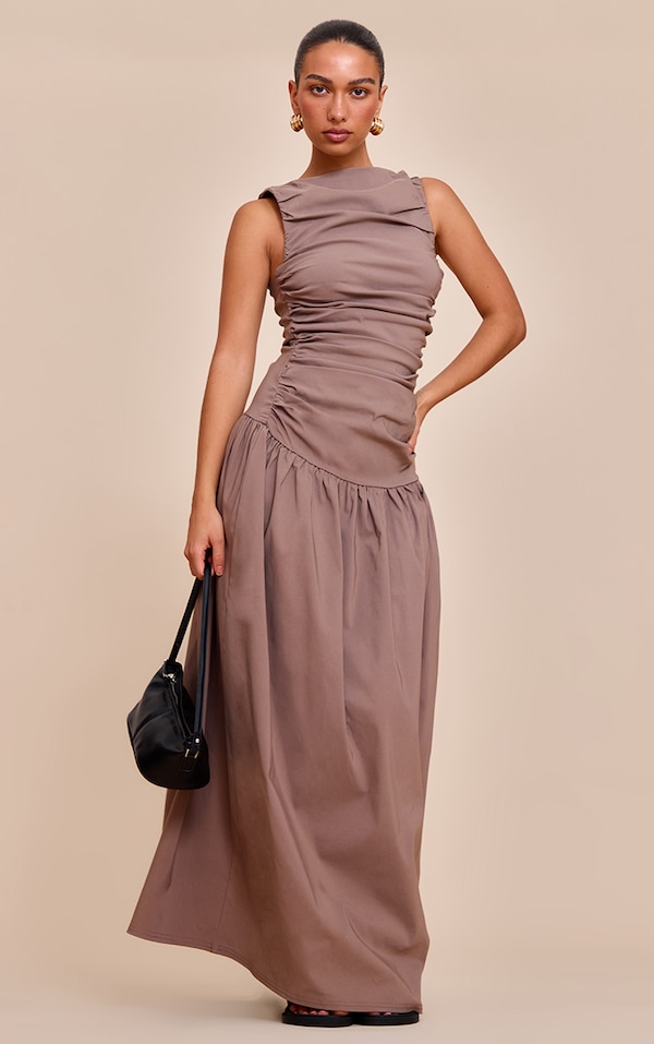 Taupe Stretch Woven Ruched Detail Drop Waist Maxi Dress