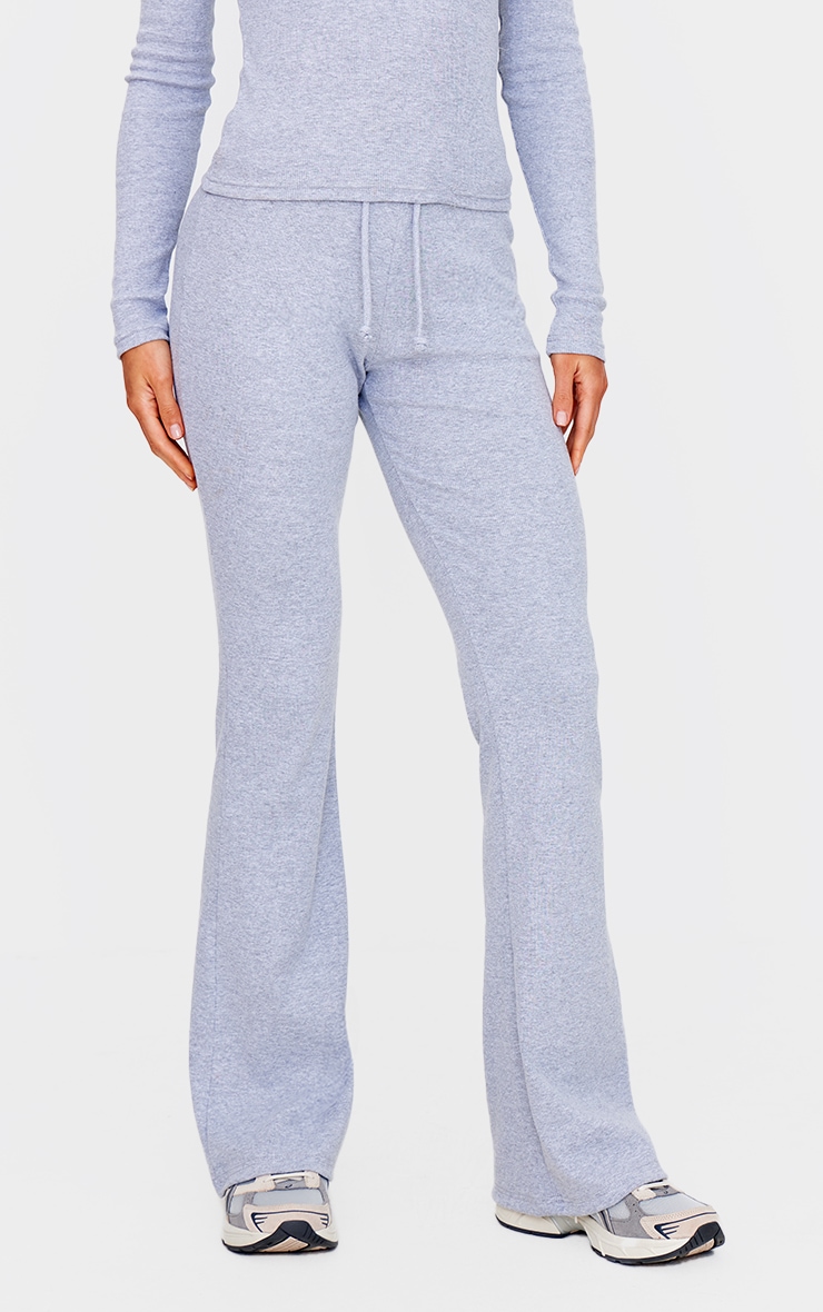 Tall Grey Marl Drawstring Rib Flare Pants image 2