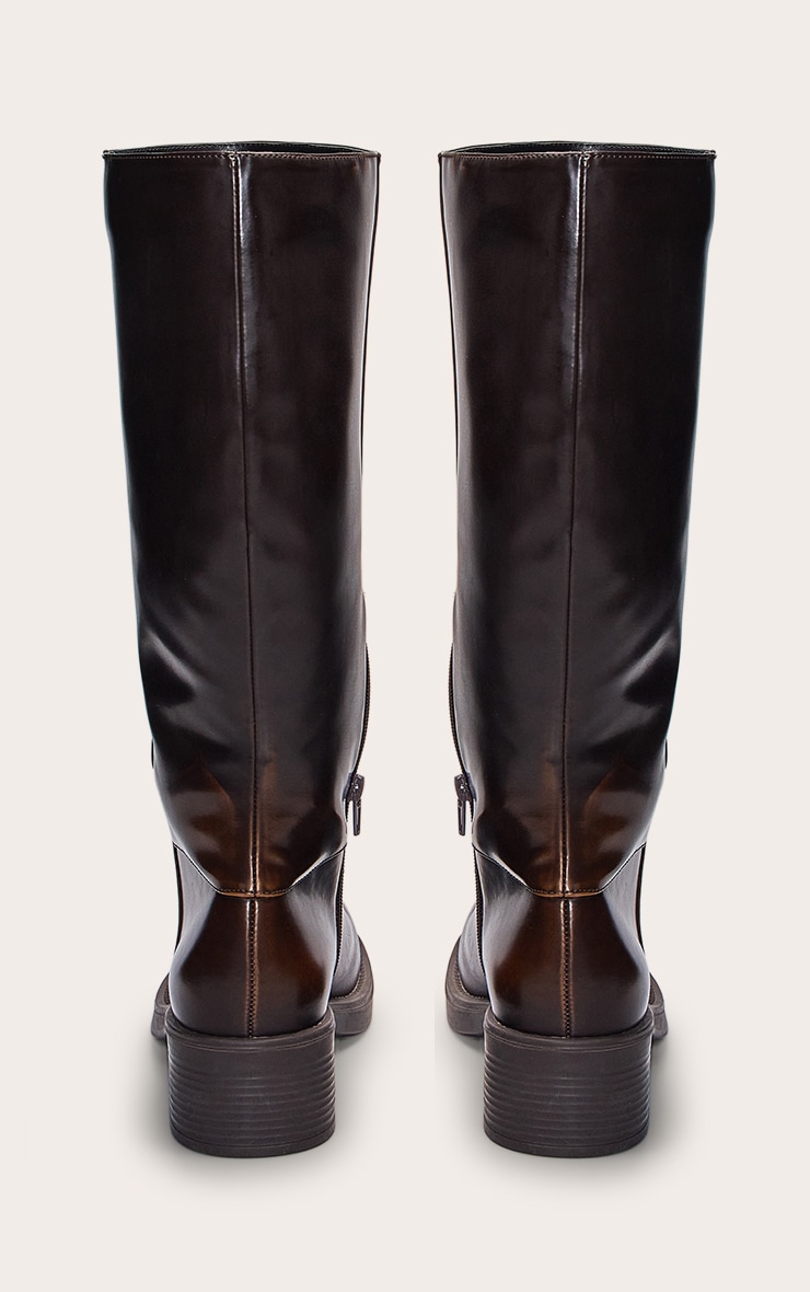 Brown Burnish PU Square Toe Knee High Boots image 4