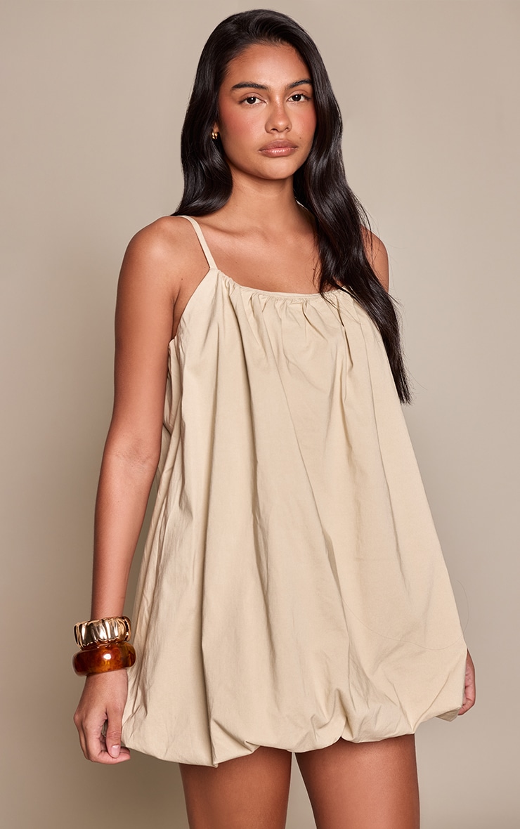 Stone Stretch Woven Strappy Puffball Mini Dress