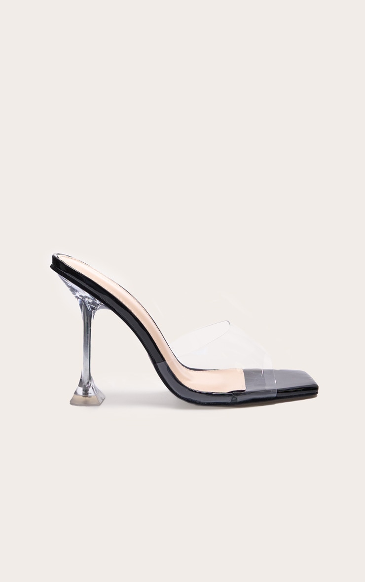 Black Pu Square Toe Clear Perspex Heeled Mules image 2