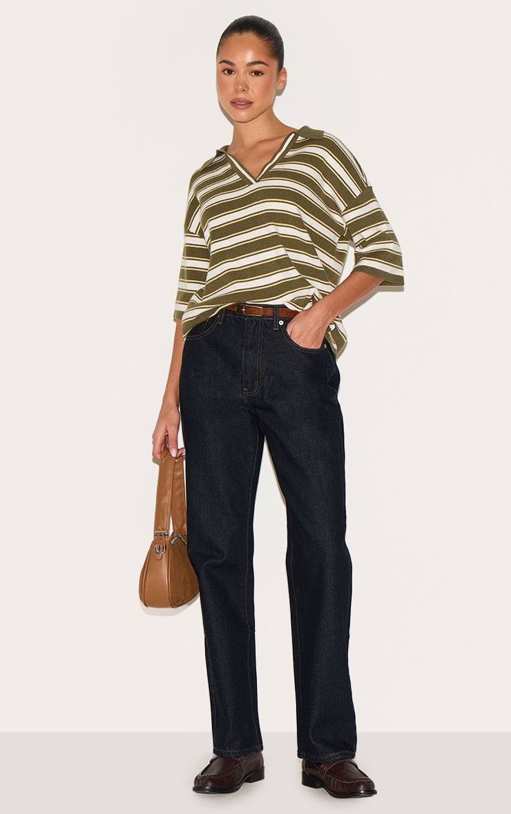 Khaki Stripe Soft Knit V Neck Collar Polo Top image 3