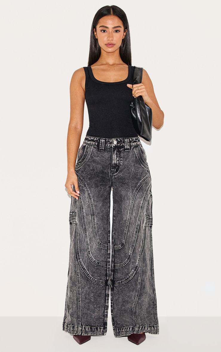 Petite Grey Panel Seam Detail Wide Leg Jeans image 1