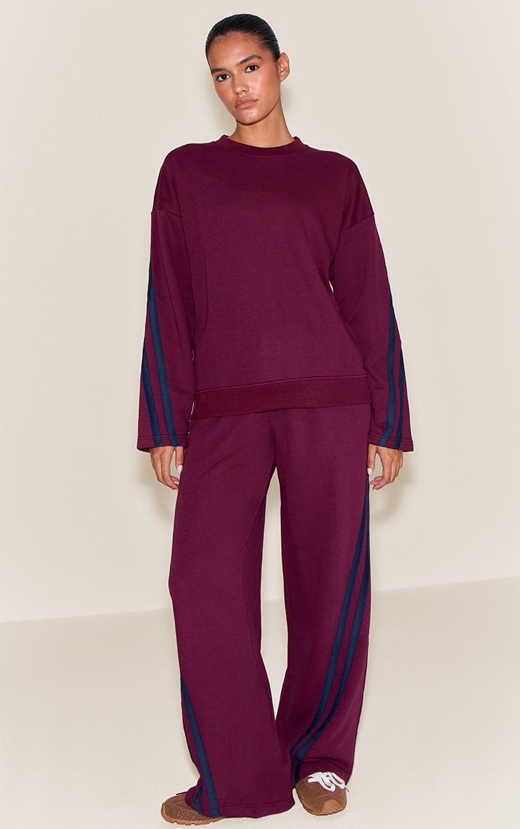 Burgundy Contrast Striped Oversized Sweatshirt image 3