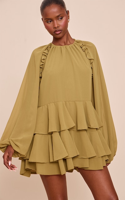 Olive Chiffon Frill Detail Shift Playsuit