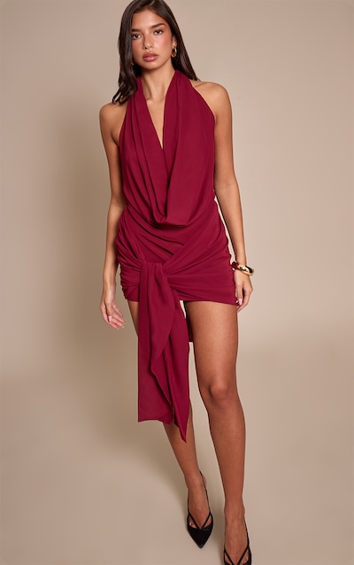 Wine Woven Wrap Halterneck Mini Dress