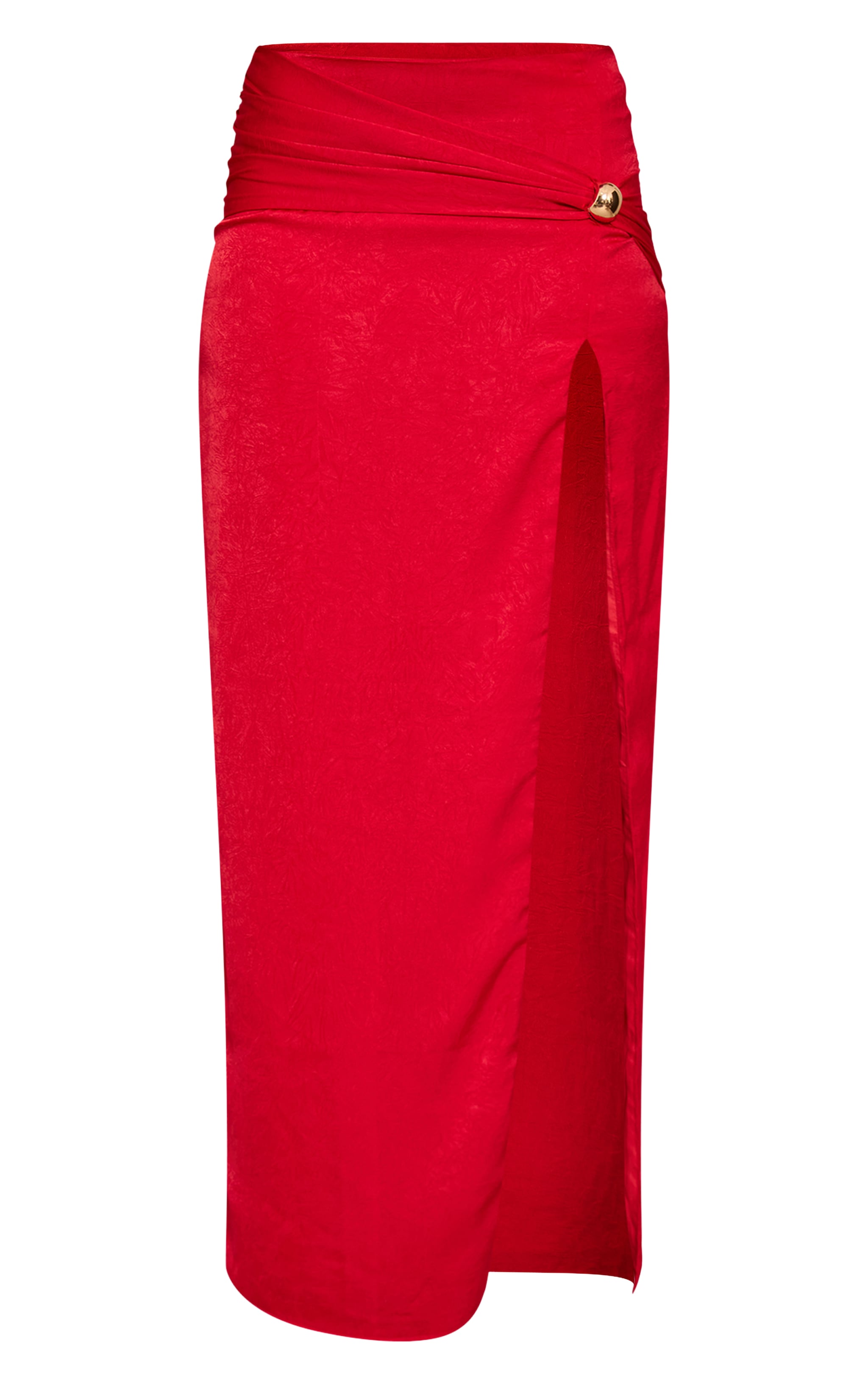 Jupe longue rouge fendue à empiècement en métal image 5