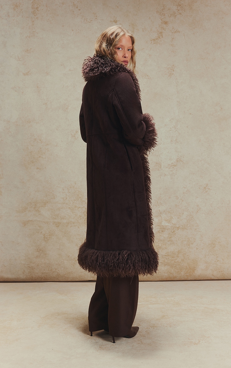 Chocolate Brown Faux Fur Trim Maxi Coat image 3