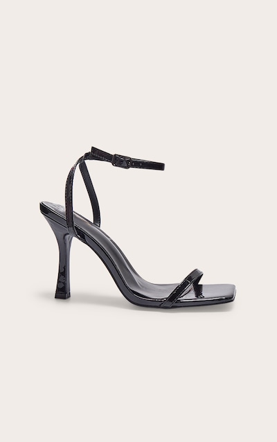 Black PU Square Toe Barely There Mid Heeled Sandals