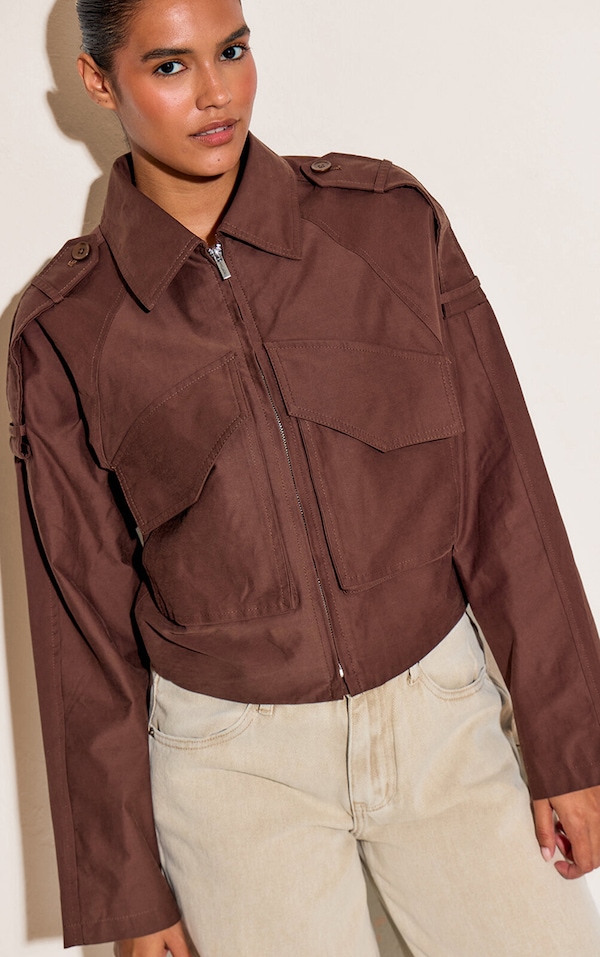 Chocolate Trench Detail Cropped Zip Up Jacket