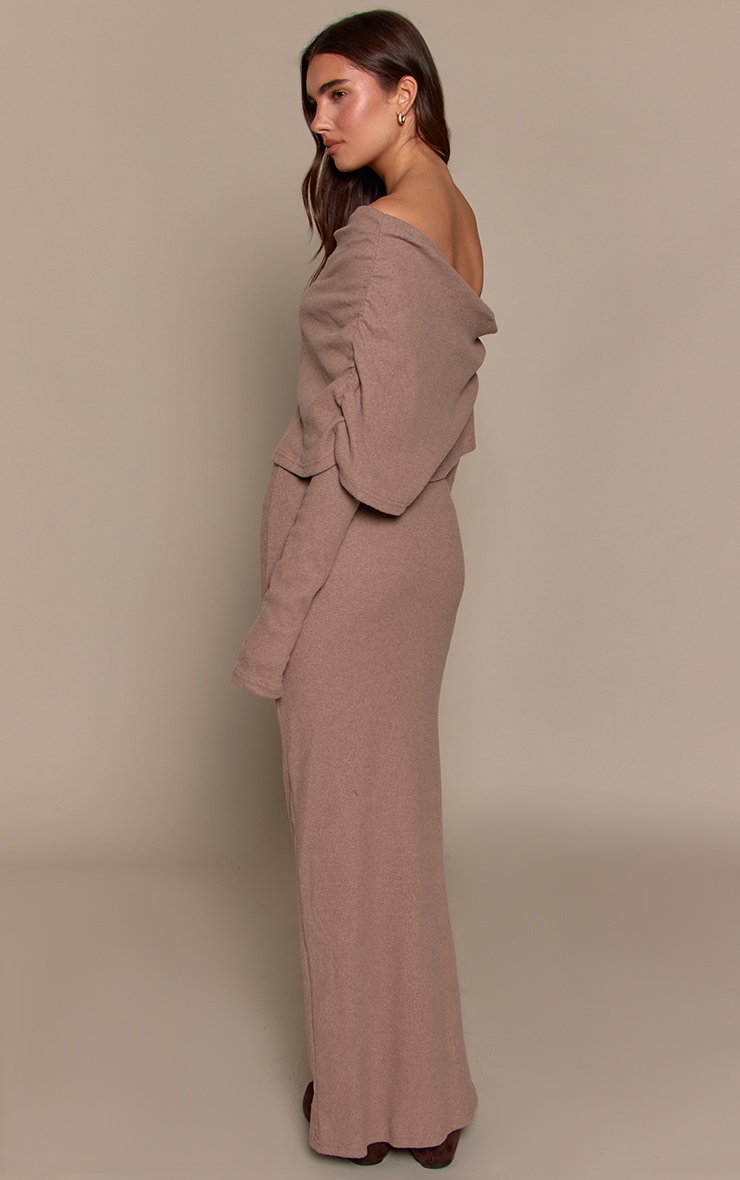Taupe Ribbed Bardot Oversized Fold Over Maxi Dress image 2