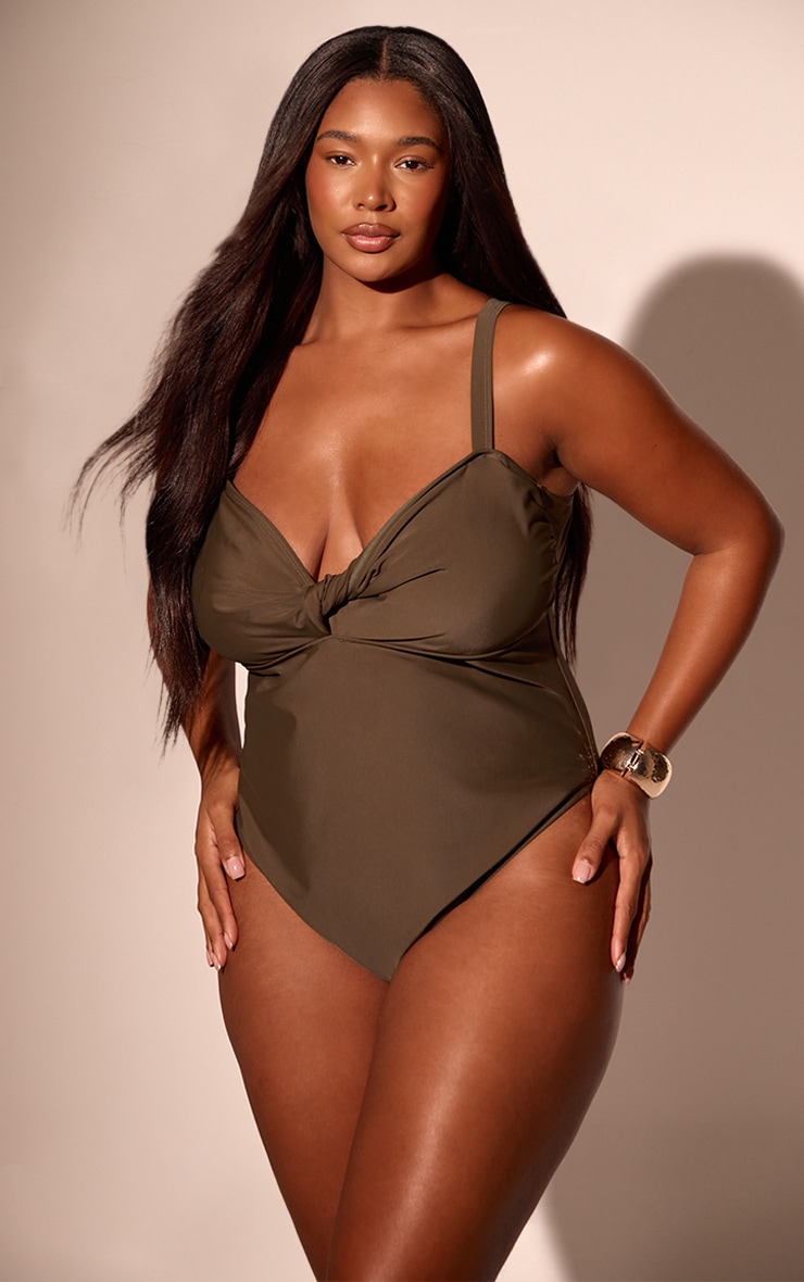 Plus Khaki Twist Detail Cut Out Swimsuit