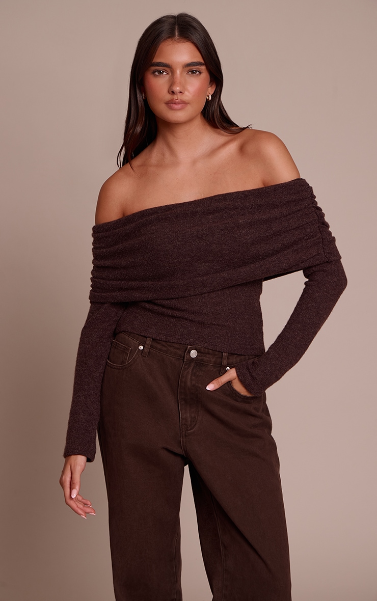 Chocolate Textured Wool Look Fold Over Detail Long Sleeve Top