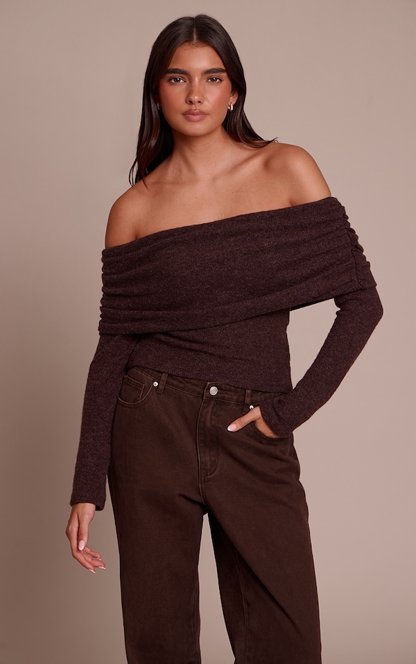 Chocolate Textured Wool Look Fold Over Detail Long Sleeve Top 