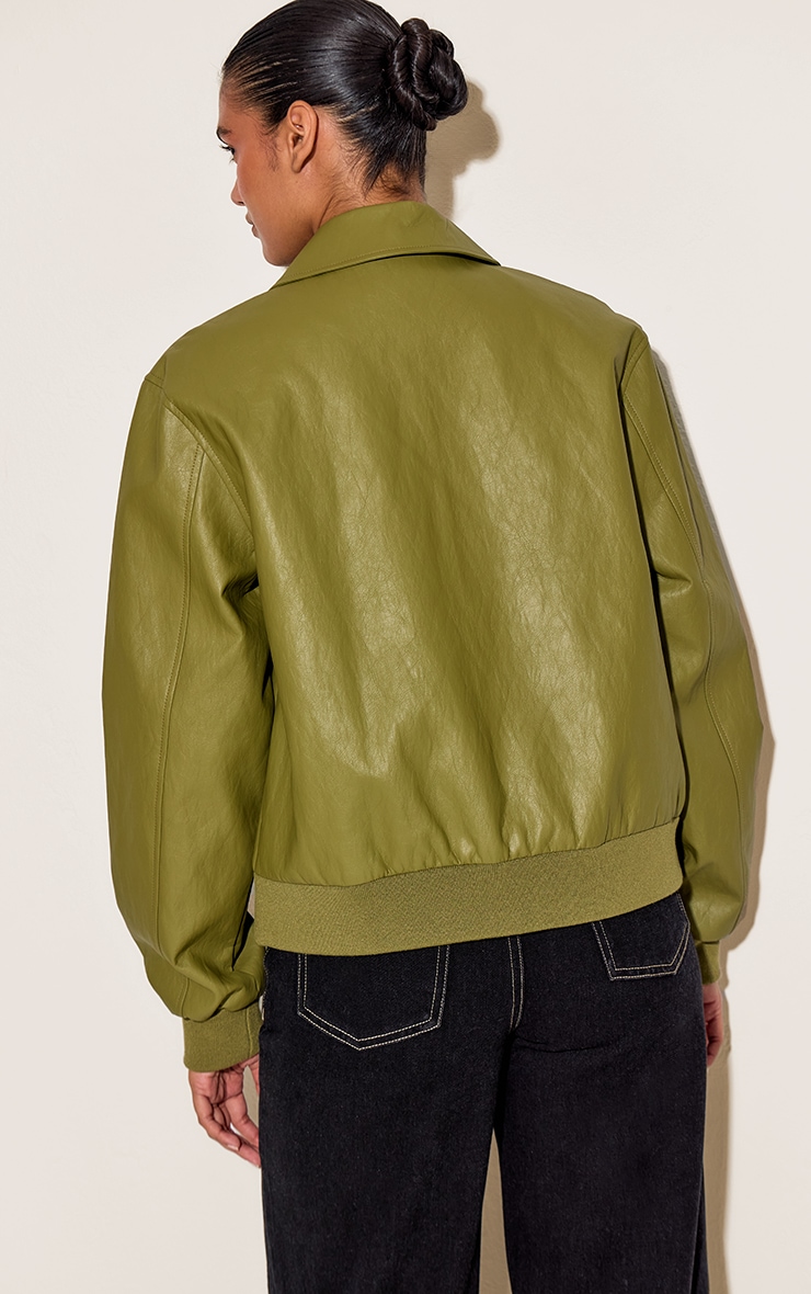  Olive Faux Leather Bomber Jacket image 2