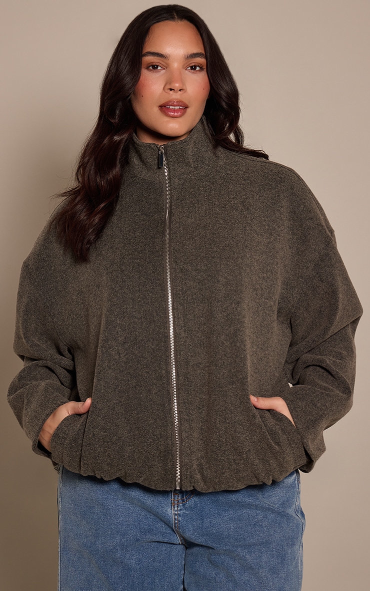 Plus Charcoal Funnel Neck Ruched Sleeve Wool Bomber