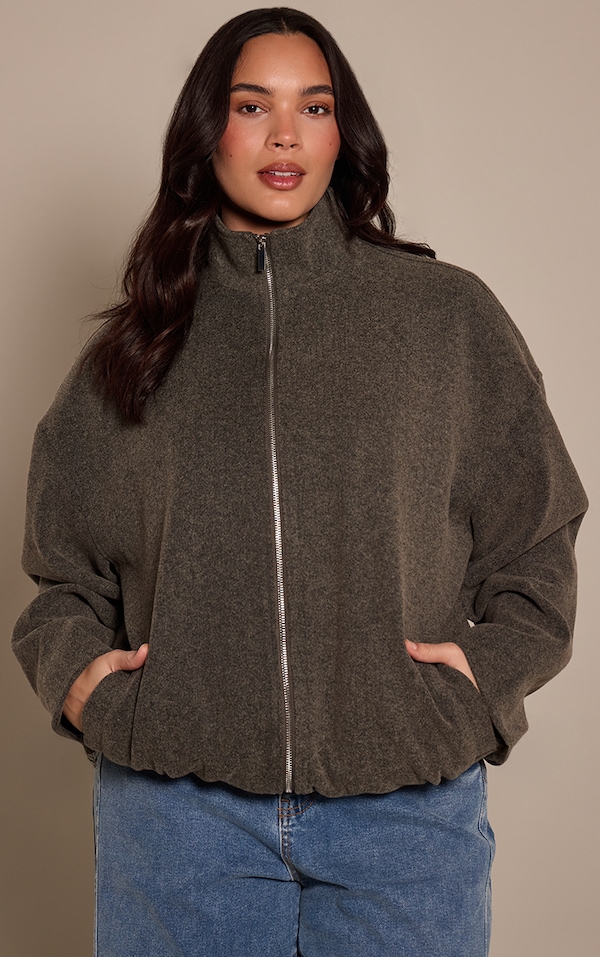 Plus Charcoal Funnel Neck Ruched Sleeve Wool Bomber
