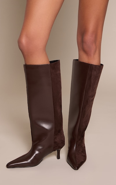 Chocolate PU Suede Contrast Heeled Knee High Boot