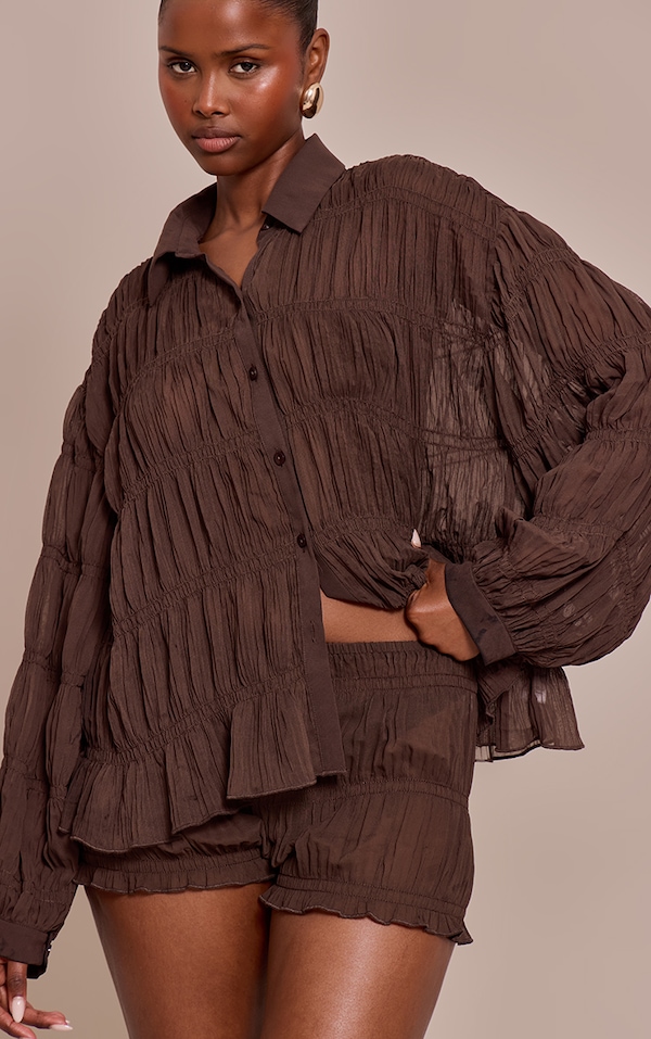 Dark Brown Chiffon Shirred Shirt