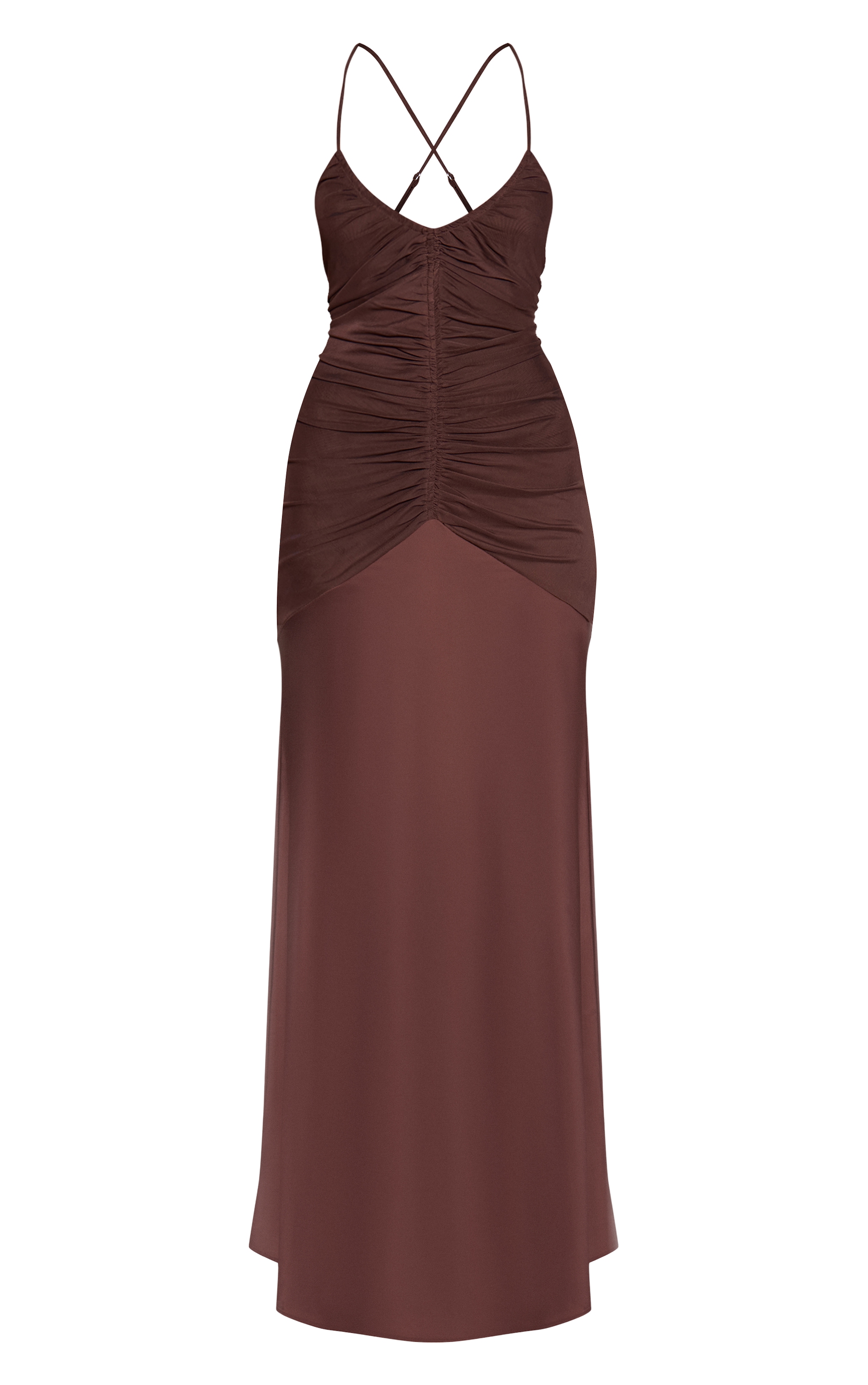 Chocolate Ruched Satin Maxi Slip Dress image 5