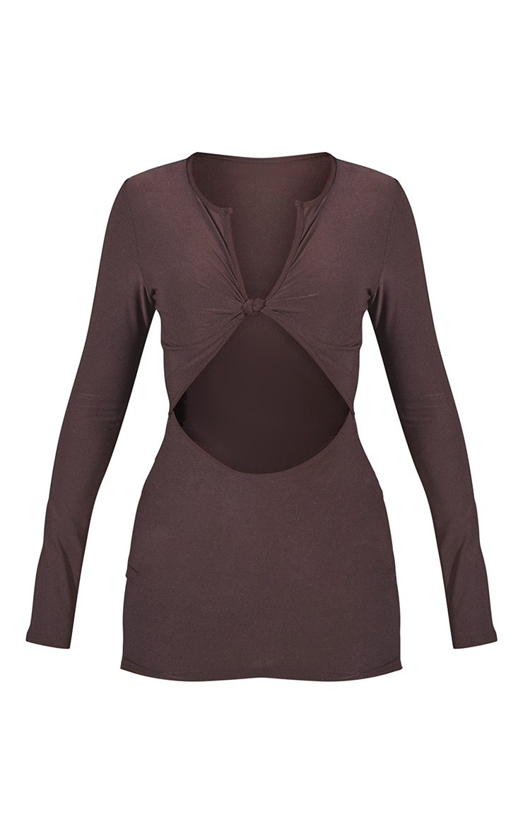 Chocolate Slinky Knot Bust Long Sleeve Cut Out Bodycon Dress image 1