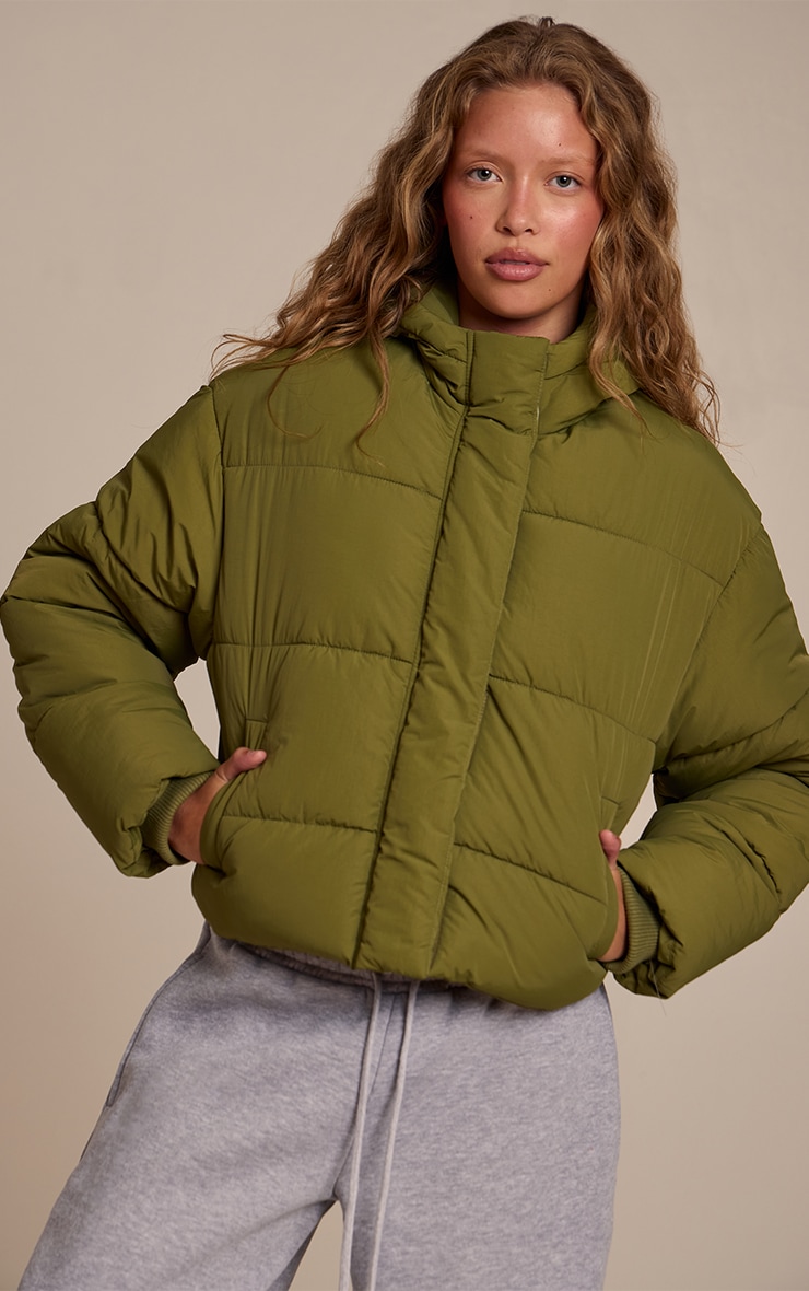 Khaki Cropped Drawstring Puffer Jacket image 1
