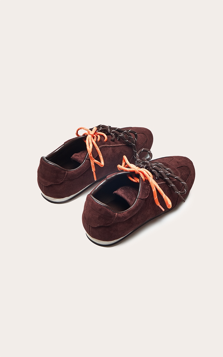 Chocolate Faux Suede Contrast Lace Sneakers image 4