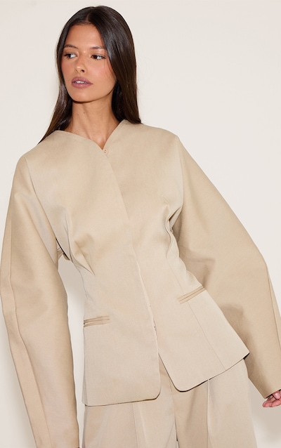 Sand Premium Woven Tailored Collarless Blazer