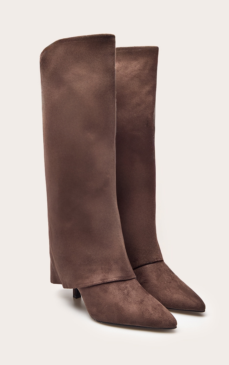 Chocolate Faux Suede Stiletto Foldover Knee High Boots image 3