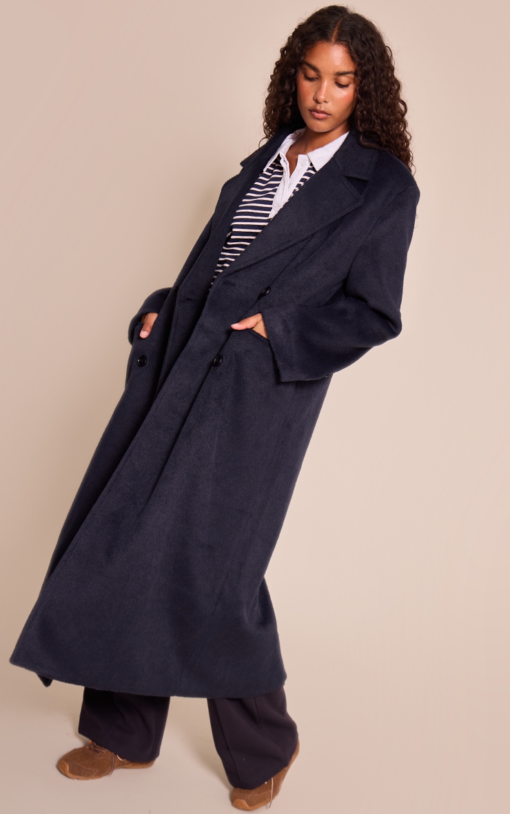 Navy Structured Double Breasted Wool Look Maxi Coat image 3