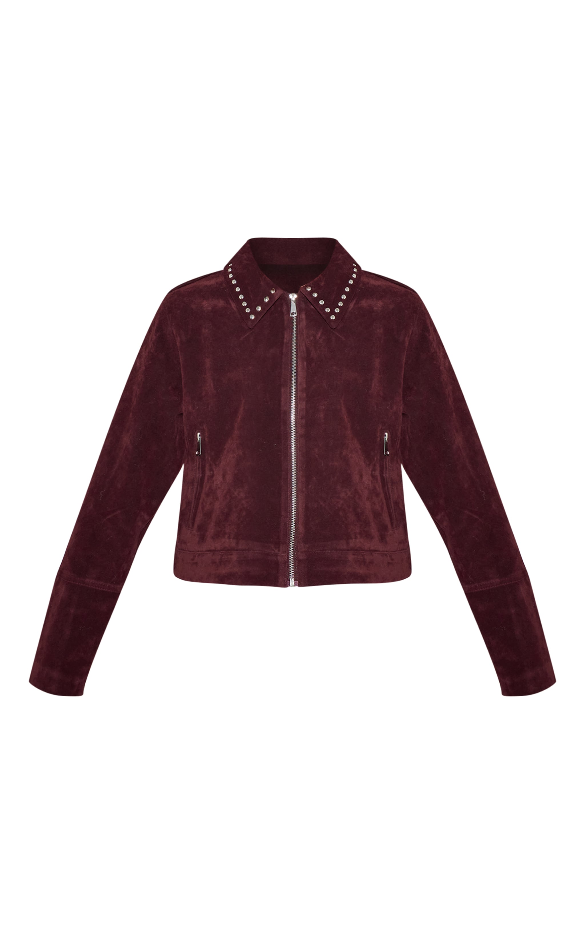 Burgundy Studded Detail Faux Suede Zip Up Jacket image 5