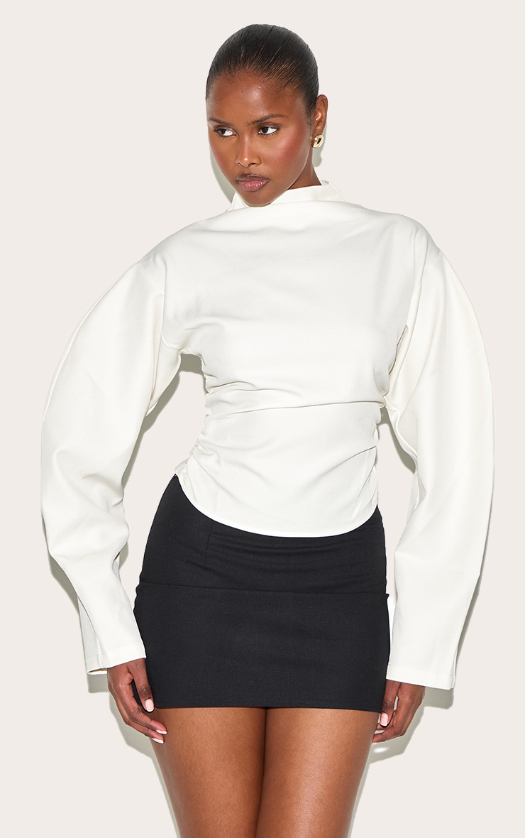 Cream Woven Highneck Fitted Top image 1