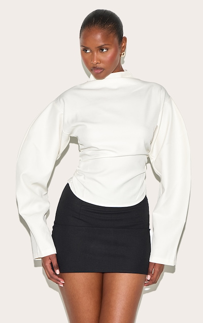 Cream Woven Highneck Fitted Top