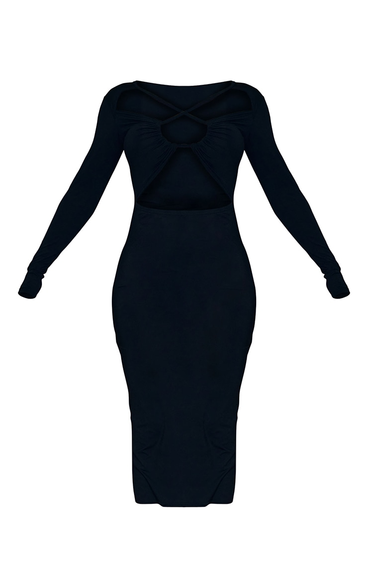 Black Cross Strap Long Sleeve Slinky Midi Dress image 5