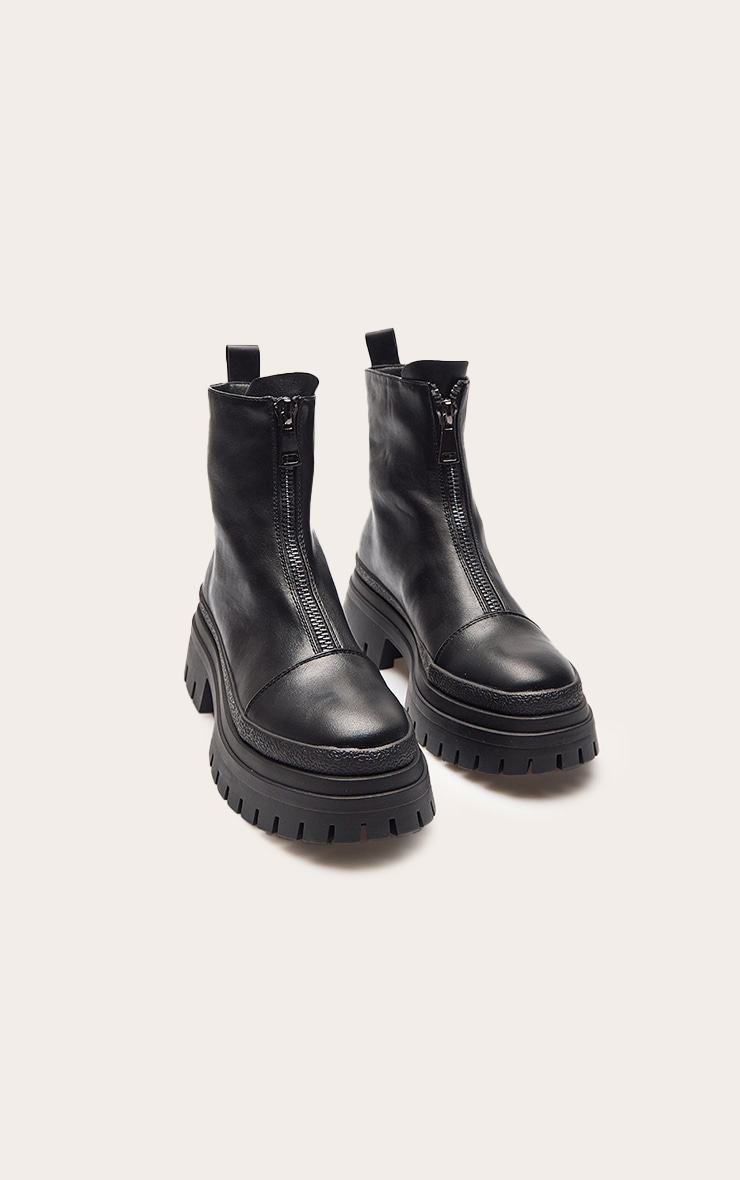 Black Faux Leather Zip Front Chunky Chelsea Boots image 3