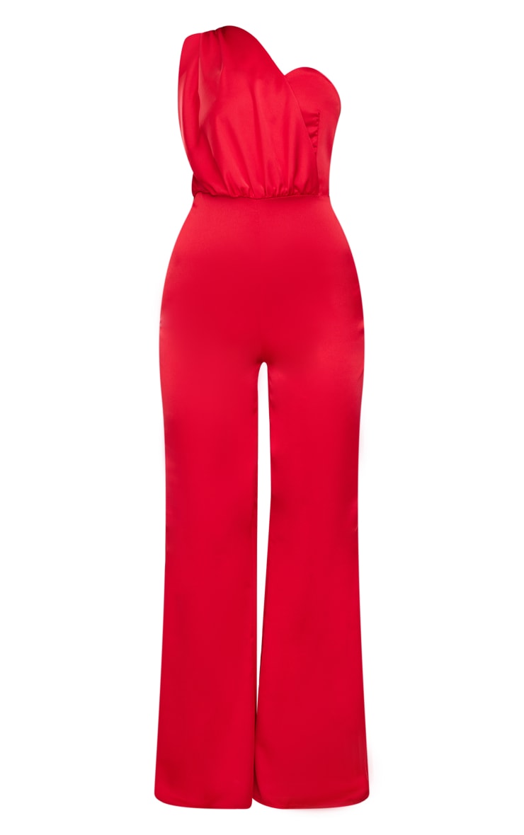 Red Draped One Shoulder Satin Wide Leg Jumpsuit image 5