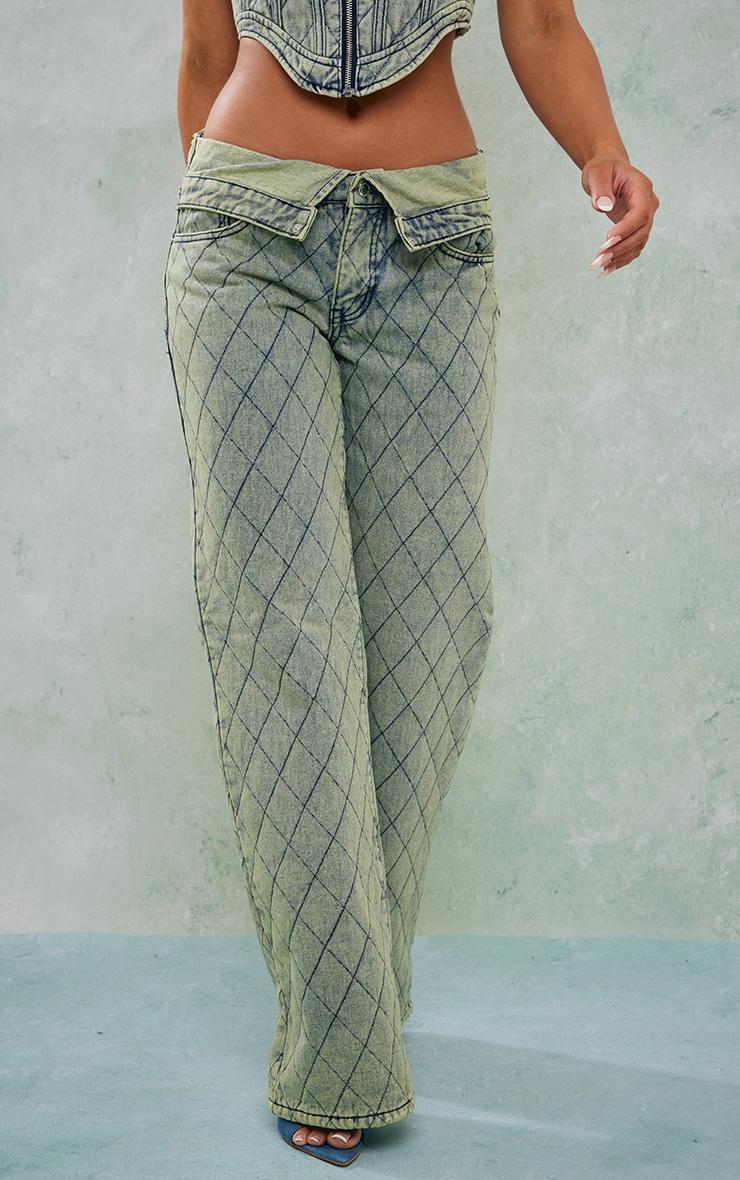  Vintage Wash Quilted Denim Fold Over Waist Straight Leg Jeans image 2