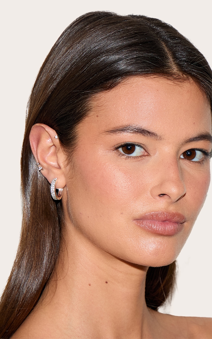 Real Silver Plated Double Diamante Row Hoop Earrings image 3